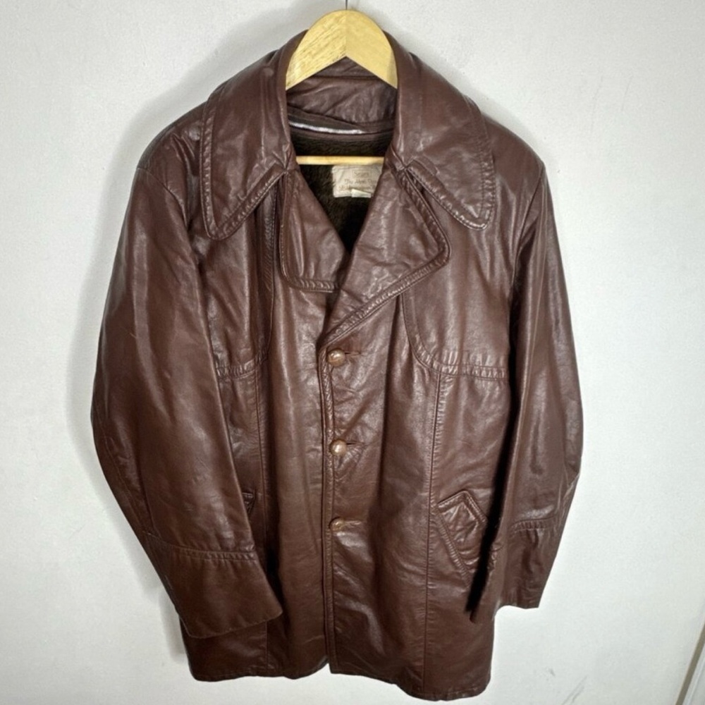 Vintage 70s Sears Men’s 40 Store Brown Leather Shearling Lined Car Coat Jacket